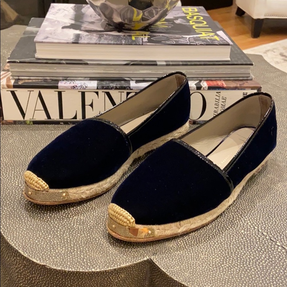 Giuseppe Zanotti Navy Blue Velvet Espadrilles with Gold Toe Cap